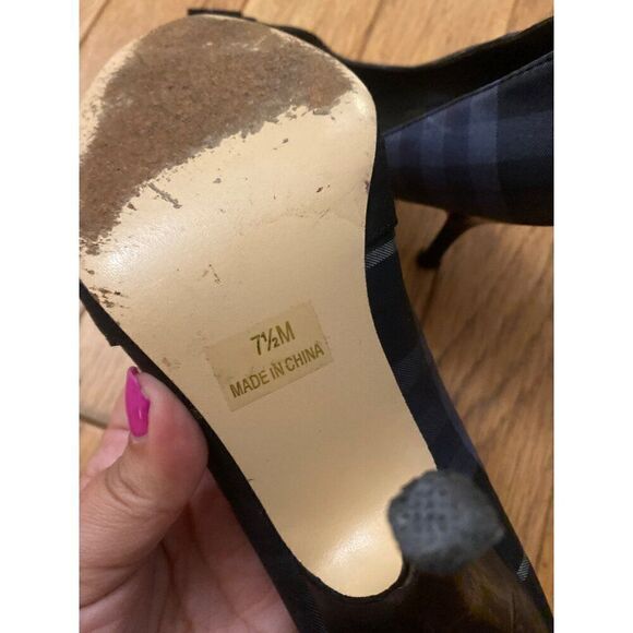 Joey women's dark navy blue plaid peep toe front bow 4" high heels size 7.5M - Picture 9 of 9